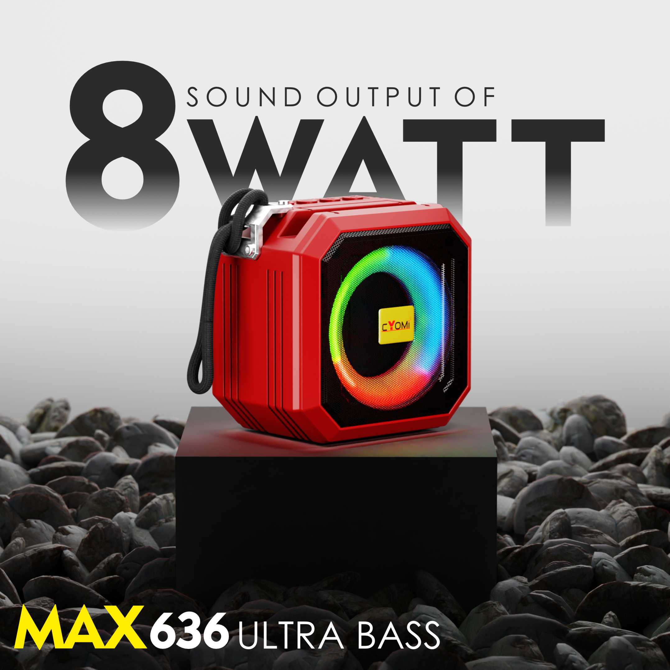 CYOMI 636 Rugged Design Portable Bluetooth Speaker with Ultra Bass 52mm Woofer, 8W Sound, RGB Party Lights, FM/USB/TF Card, 5H Playtime