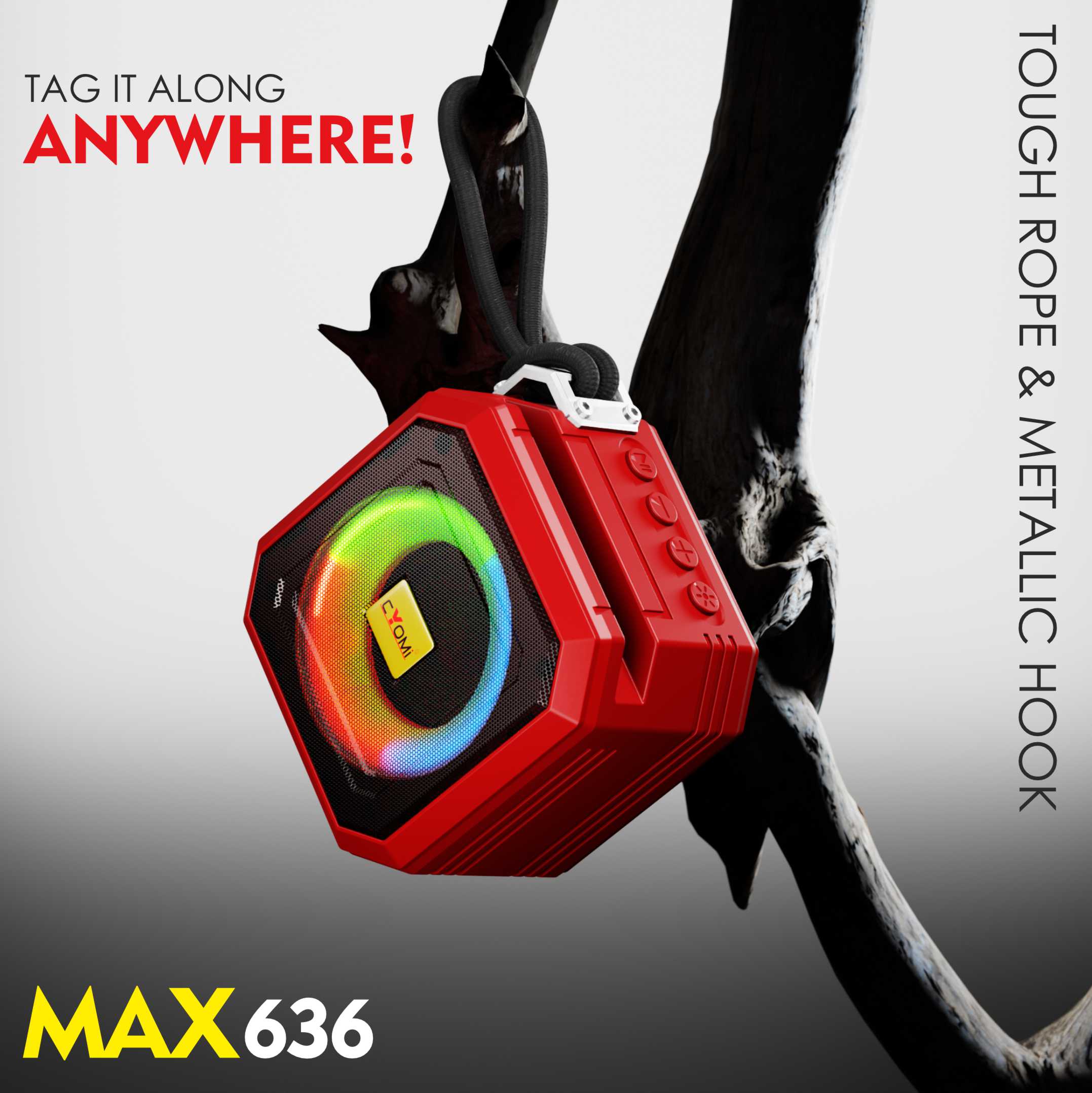 CYOMI 636 Rugged Design Portable Bluetooth Speaker with Ultra Bass 52mm Woofer, 8W Sound, RGB Party Lights, FM/USB/TF Card, 5H Playtime