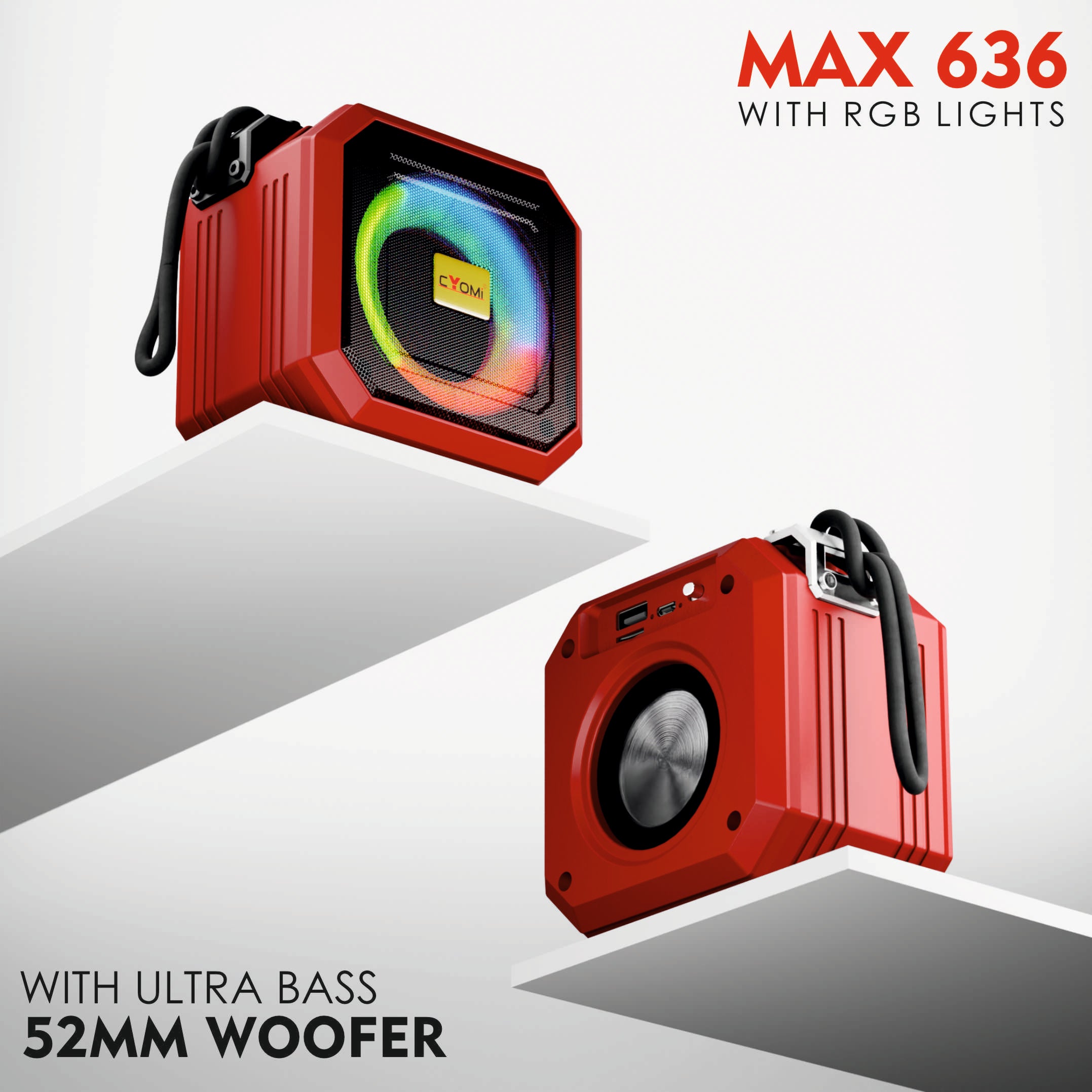 CYOMI 636 Rugged Design Portable Bluetooth Speaker with Ultra Bass 52mm Woofer, 8W Sound, RGB Party Lights, FM/USB/TF Card, 5H Playtime